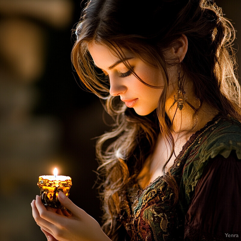 A woman holds a lit candle in her right hand, wearing an intricately embroidered brown dress with green and red details on the chest area, complemented by long earrings. She is styled in loose waves, framing her face as she gazes down at the candle.