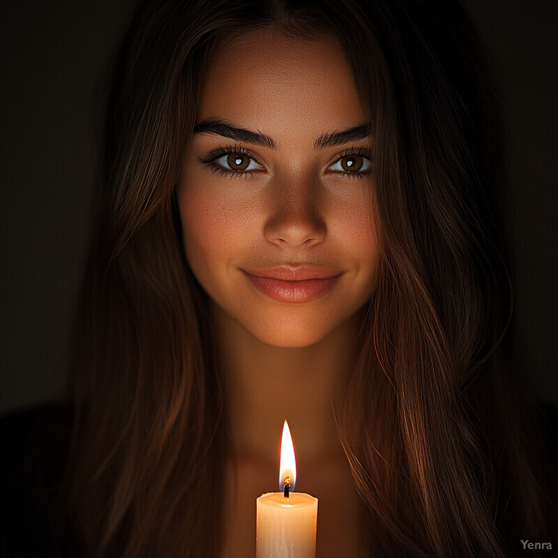 A woman with long brown hair and dark eyes gazes directly at the camera, surrounded by a warm and intimate atmosphere created by a lit candle.