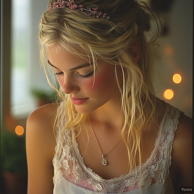 A young woman with long blonde hair and a white lace top, adorned with a delicate pink flower headband, is captured in a serene and peaceful atmosphere.