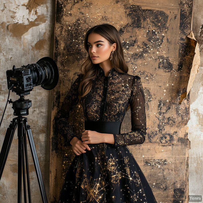 A woman poses in front of a backdrop with a camera on a tripod to her left.