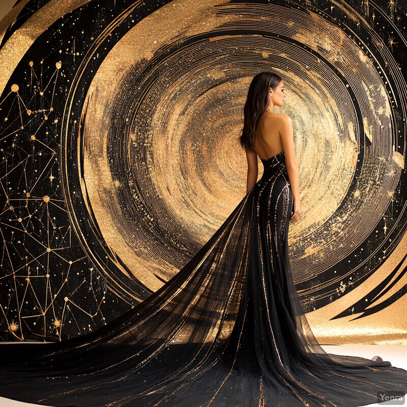 Woman in a stunning black gown with gold accents standing confidently in front of an abstract background