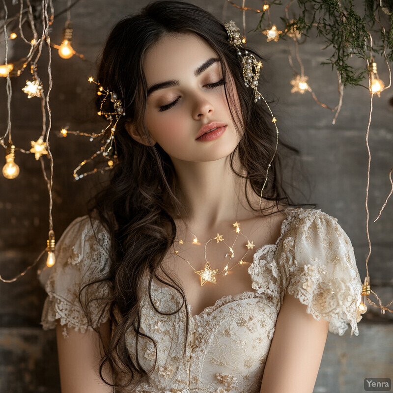 A young woman in a white lace dress stands against a rustic wooden wall, her gaze directed outside the frame.