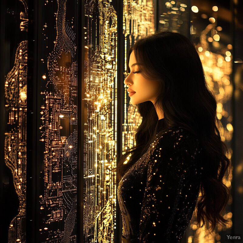 A woman in a black dress with gold sequins stands in front of an illuminated wall featuring a cityscape design.