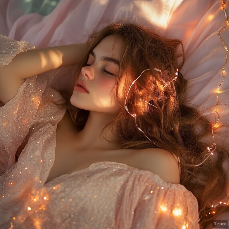 A serene and ethereal scene of a woman reclining on a bed surrounded by soft pink fabric and fairy lights.