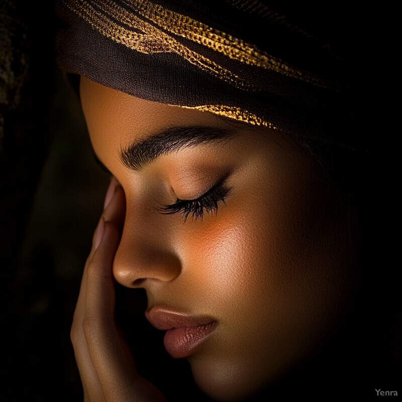 A close-up portrait of a woman with her eyes closed, showcasing her elegant features and poise.