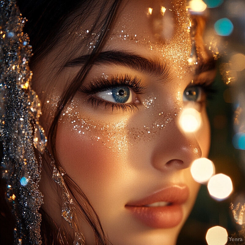 A woman with blue eyes and dark hair, wearing glitter on her face and sparkly earrings, looks directly at the camera in front of a string of lights.