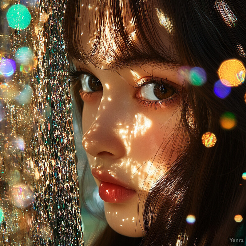 A close-up portrait of a woman with almond-shaped eyes, long eyelashes, and red lips, partially obscured by a curtain or tinsel-like material.