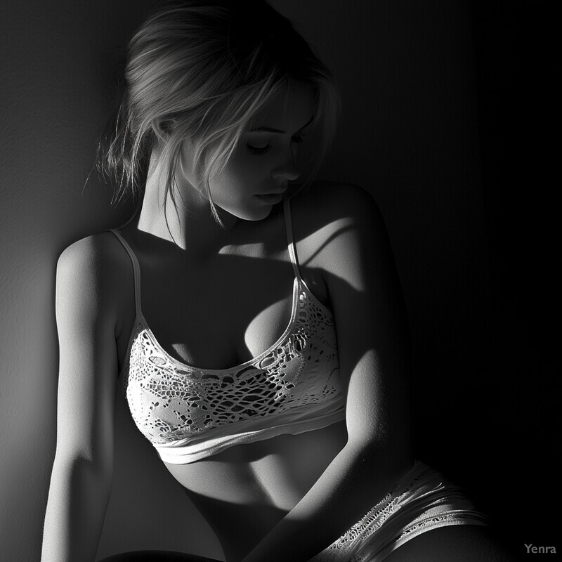 A young woman with blonde hair sits on what appears to be a bed, wearing a white lace bra and panties. Her face is blurred out, suggesting she may have been photographed from above or at an angle.