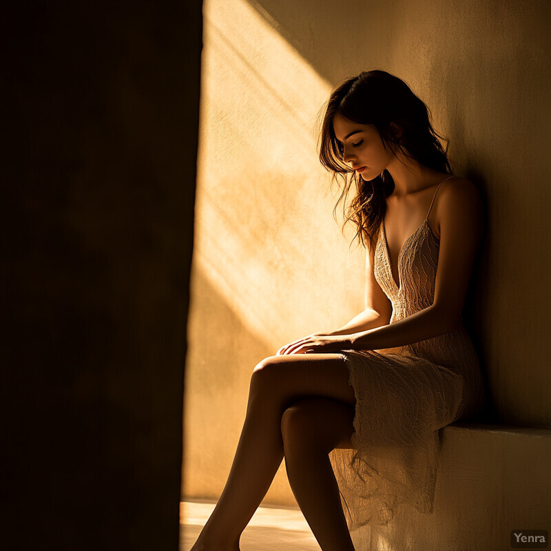 A young woman sits on a ledge or windowsill, gazing downward with her head tilted slightly to one side, wearing a delicate white dress adorned with intricate lace details.