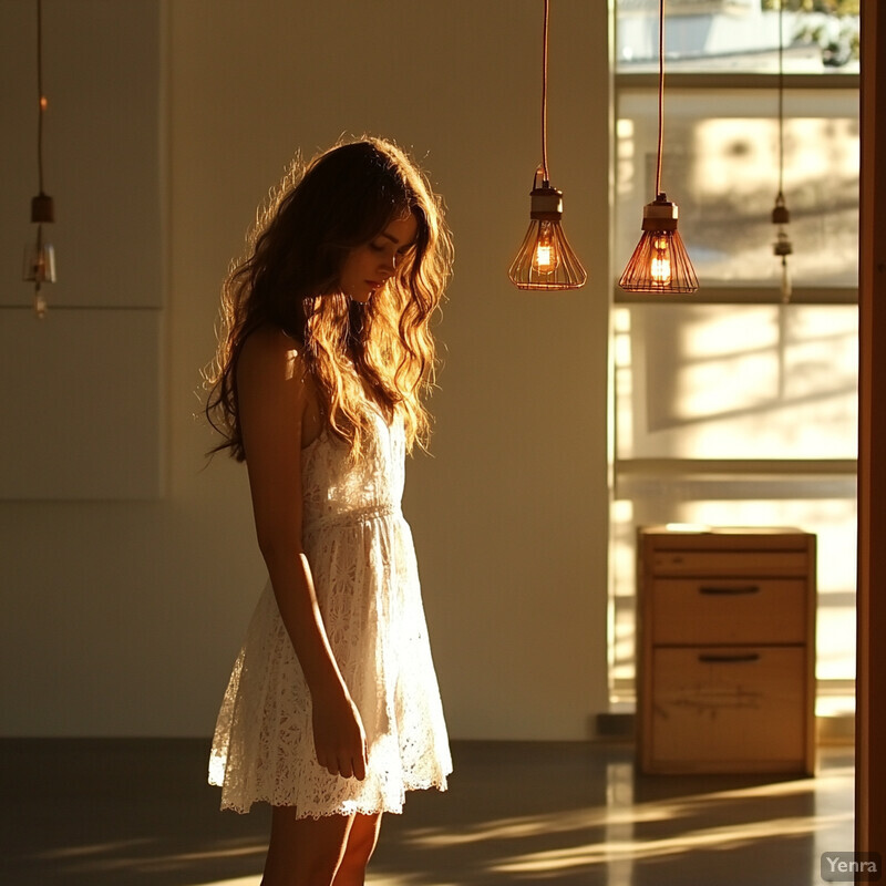 A young woman stands in a room with white walls and dark floors, illuminated by natural light pouring in through large windows.