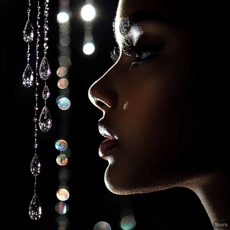 Close-up of a woman's face in profile, illuminated by lights and adorned with jewels