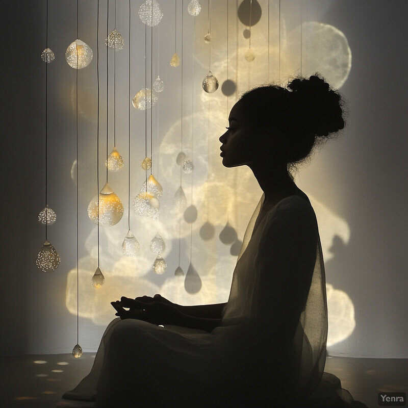 A woman sits in front of a wall adorned with hanging lights, exuding serenity and tranquility.