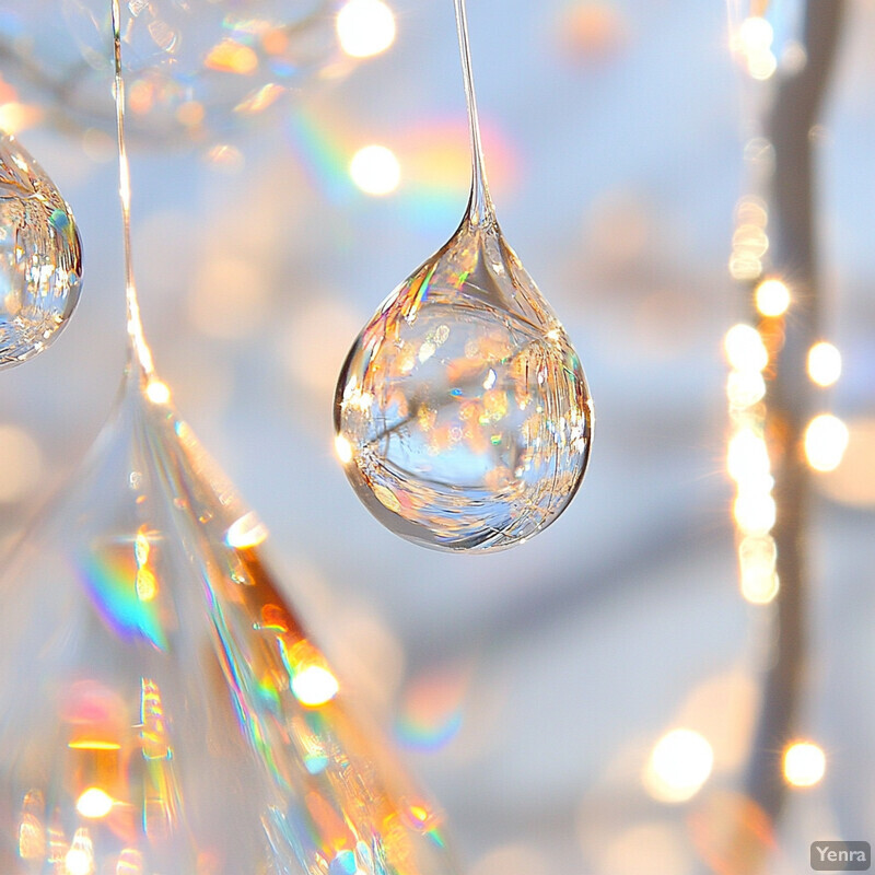 A captivating scene of dewdrop illumination featuring delicate water droplets suspended from an unseen surface, creating a mesmerizing display of light and color against a soft white background.