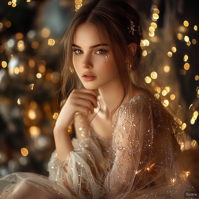 A woman with fair skin and brown hair styled in an updo, wearing a white gown and posing confidently in front of a blurred studio background.