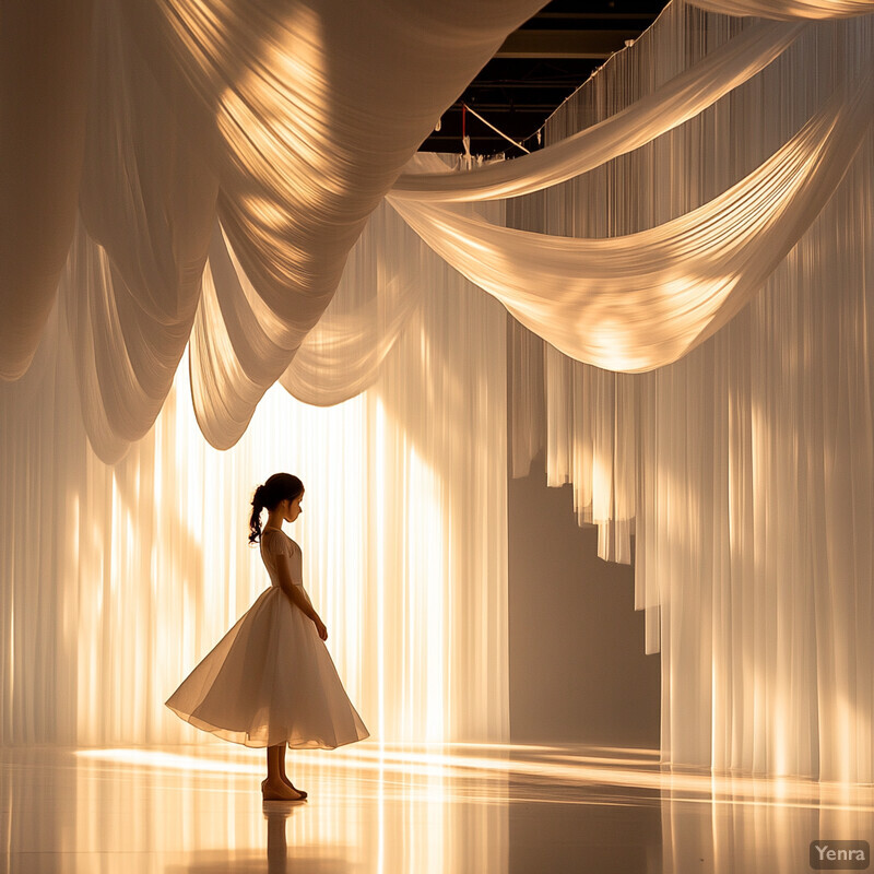 A woman stands in a room with white curtains and a high ceiling, wearing a long dress and holding flowers.