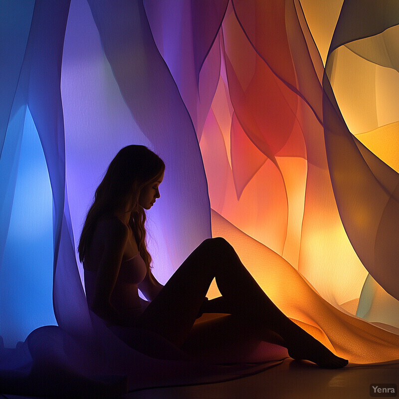 A woman sits in contemplation in front of a colorful art installation.