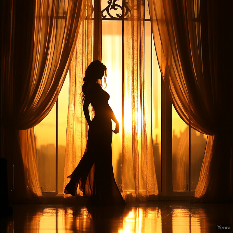 A woman stands in front of a window with sheer curtains, illuminated by the setting sun, creating a serene and peaceful atmosphere.