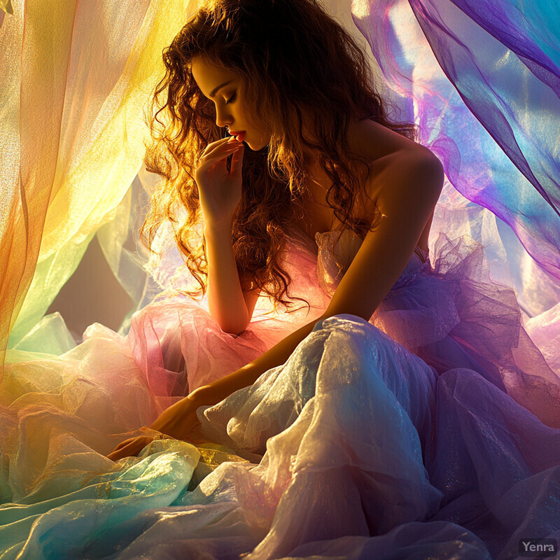 A serene and elegant scene featuring a woman surrounded by flowing fabrics in pastel hues.