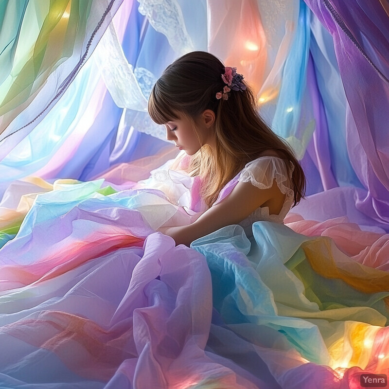 A young girl sits surrounded by pastel-colored curtains, exuding serenity and tranquility.