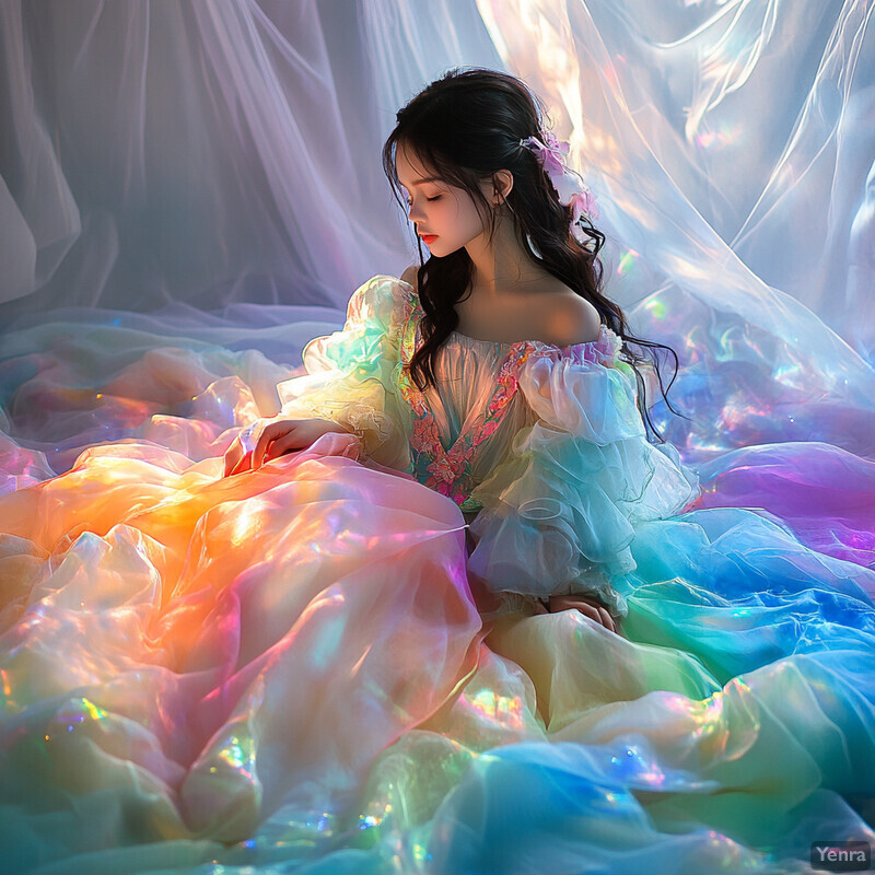 A young woman sits on an iridescent fabric, surrounded by colors, with a serene expression.