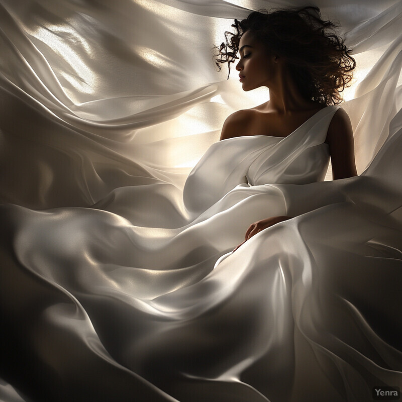 A serene and ethereal scene of a woman reclining on her side amidst billowing white fabric.