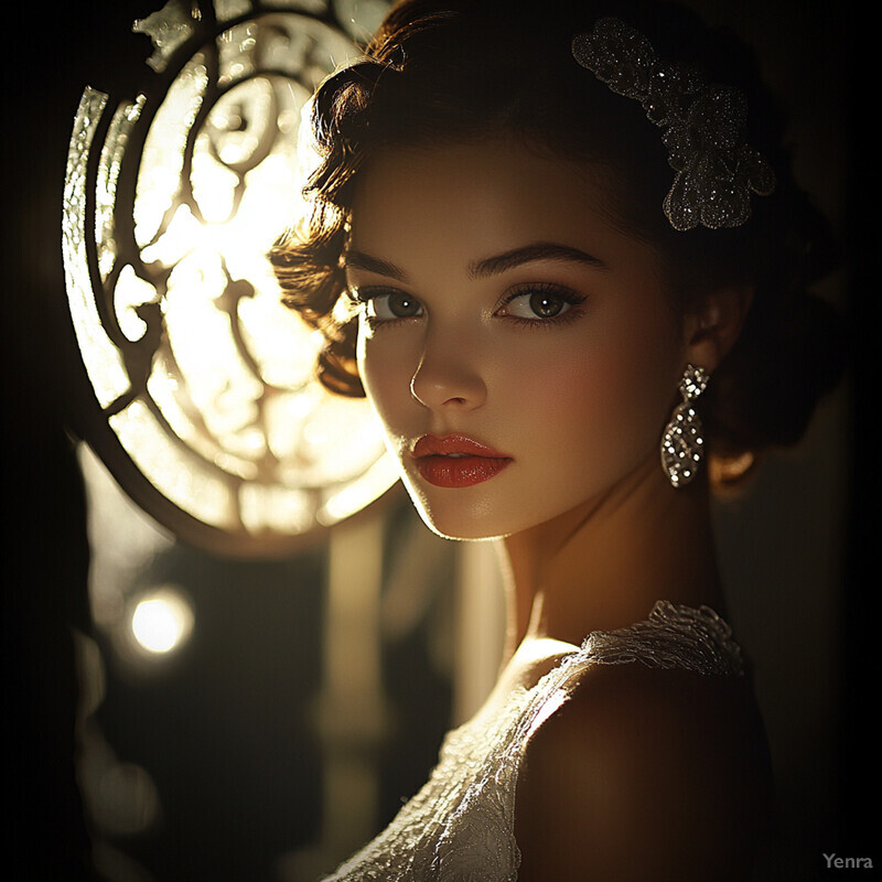 A woman dressed in 1920s attire poses elegantly in an indoor setting.