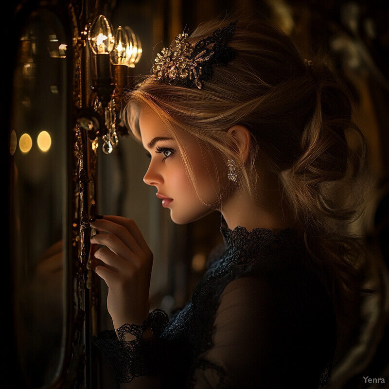 A woman with long blonde hair and a black lace headpiece or crown poses in front of a blurred background.