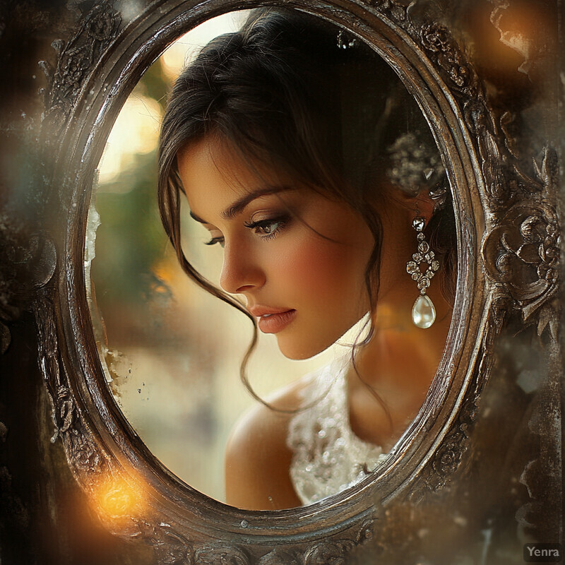 A woman gazes downward through an ornate oval frame, surrounded by a distressed design with floral patterns.