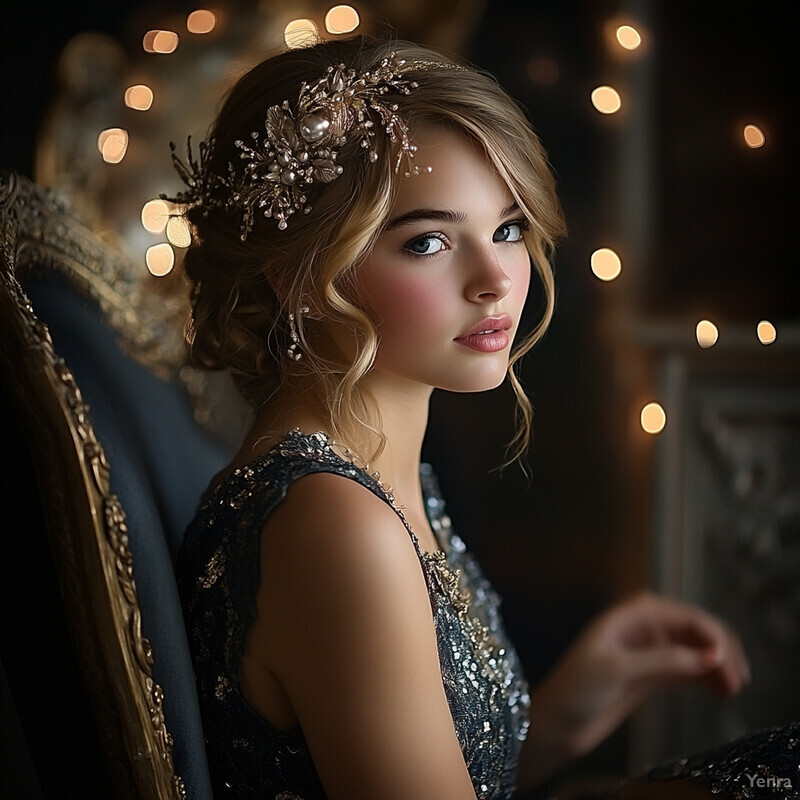 A young girl with long brown hair and a sparkly dress sits in front of a dark background, looking directly at the camera.