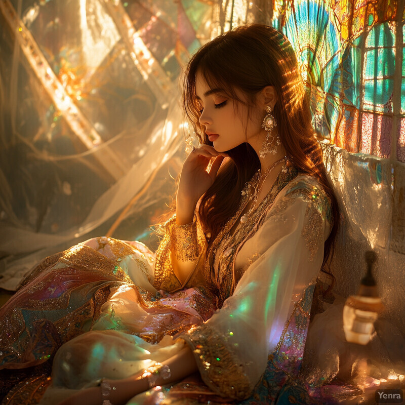 A serene and mystical scene of a woman surrounded by an ethereal glow