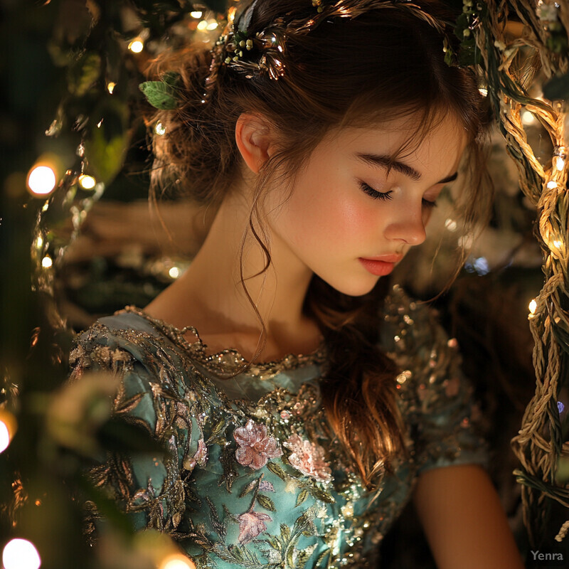 A young woman with fair skin and brown hair styled in a braid, wearing a blue dress featuring gold floral embroidery, surrounded by trees and foliage in an outdoor setting.