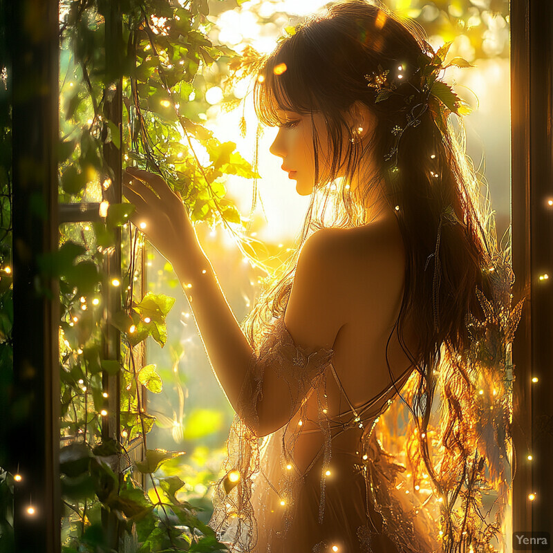 A serene and peaceful scene of a woman standing in front of a window, surrounded by lush greenery and sunlight.