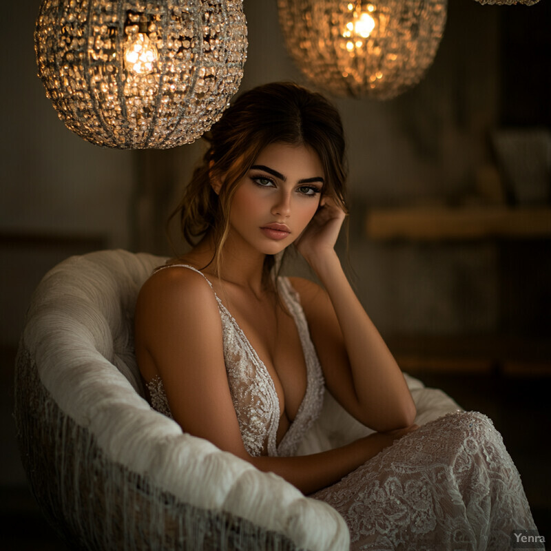 A woman sitting in a white chair, exuding elegance and poise