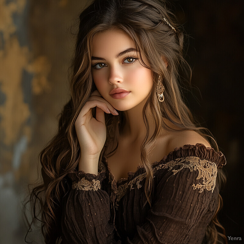 A young woman with long brown hair poses elegantly, wearing a dark-colored dress or blouse with embroidery and a delicate chain necklace. The blurred background suggests an indoor setting, and the overall atmosphere is one of serenity and contemplation.