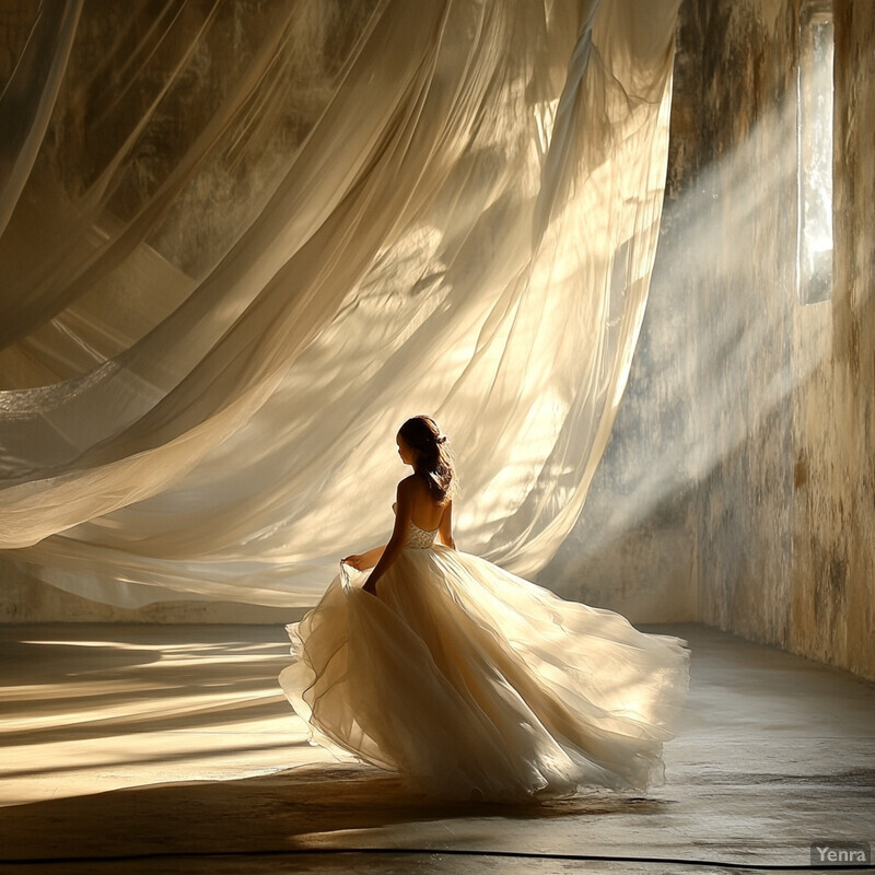 A woman in a wedding dress stands in an old building with large curtains and sunlight.