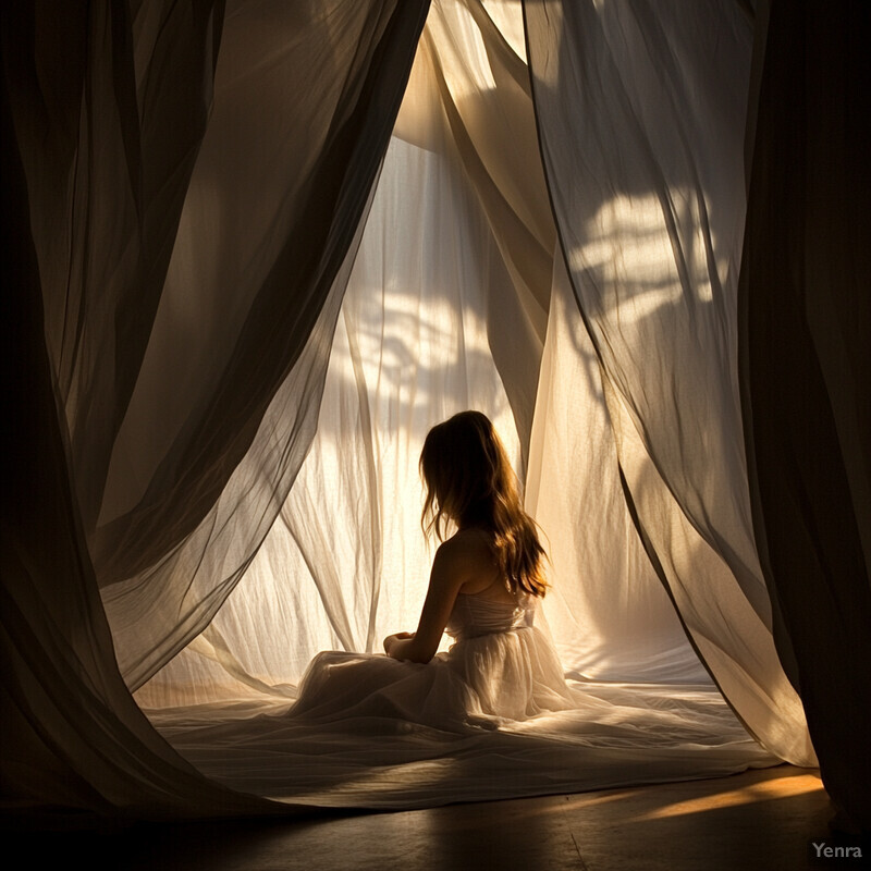 A young girl sits in a room surrounded by white curtains, lost in thought as she gazes out of the window.