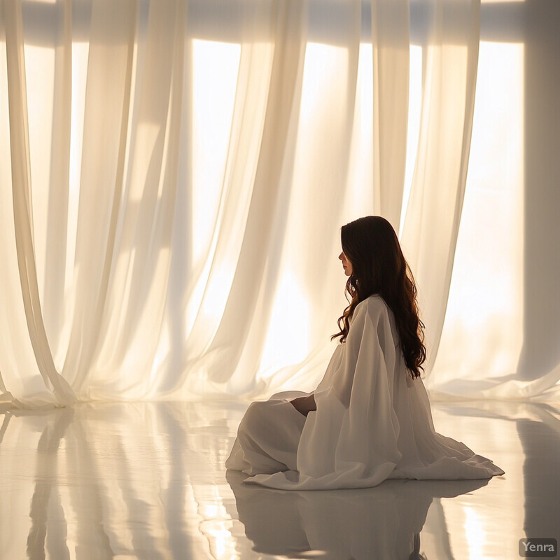 A serene and ethereal scene featuring a woman sitting on the floor in front of a large window with white curtains.