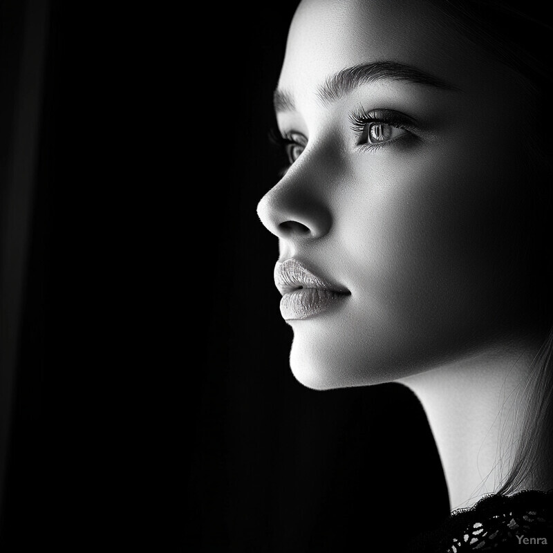 A striking black-and-white portrait of a woman's face and neck, set against a dark background.