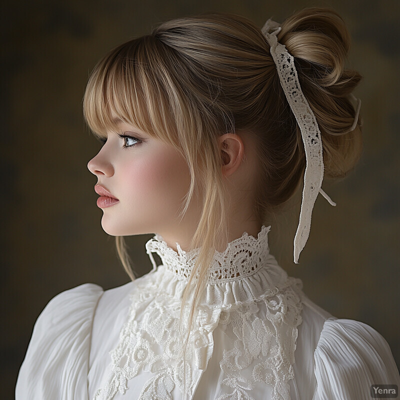 A woman with fair skin and blonde hair styled in an updo, wearing a white dress or blouse with lace details.