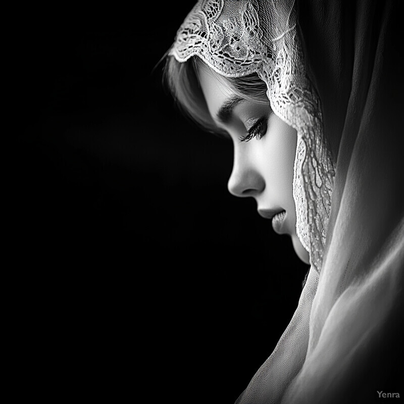 A black-and-white photograph of a woman wearing a lace or crocheted head covering