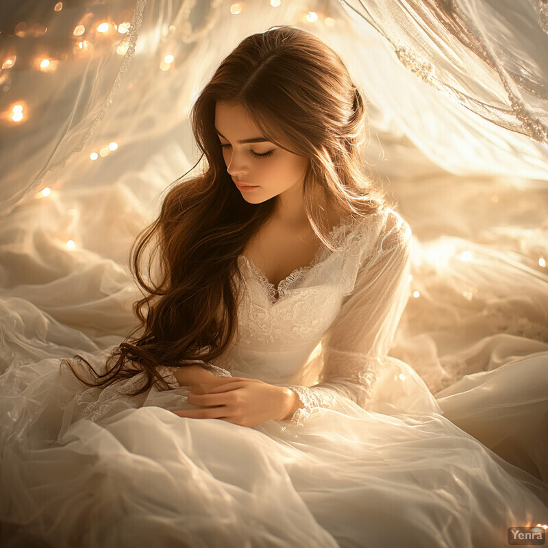 Ethereal young woman in white dress surrounded by soft lighting