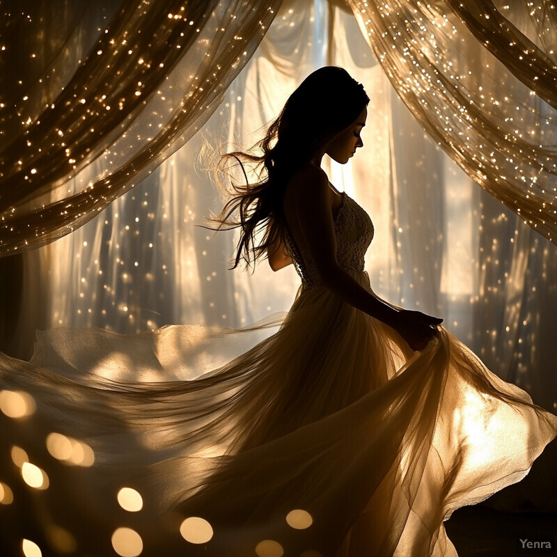 Ethereal Luminescence: A Woman in a Flowing Dress Standing Amidst Sparkling Lights and Drapery