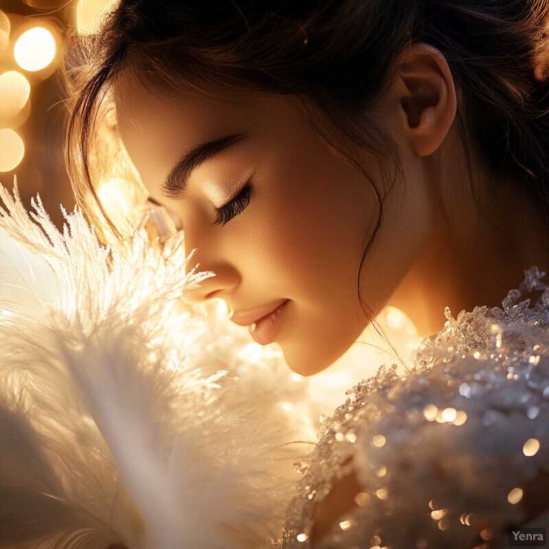 A serene portrait of a woman with her eyes closed, surrounded by feathers and lights