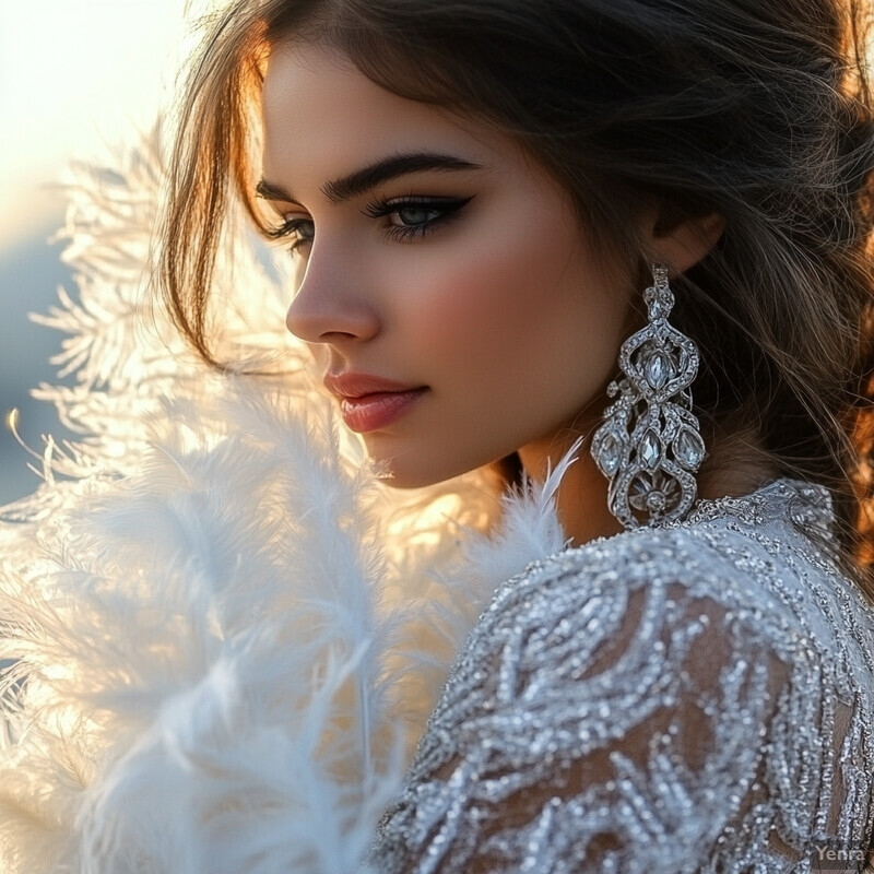 A woman with long brown hair wears a white dress with silver beading and sequins, complemented by feather boa, elegant makeup, and large earrings.