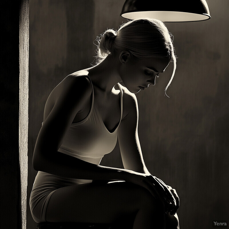 A woman sits in a dimly lit room with soft lighting, wearing a simple white outfit and displaying a neutral expression.