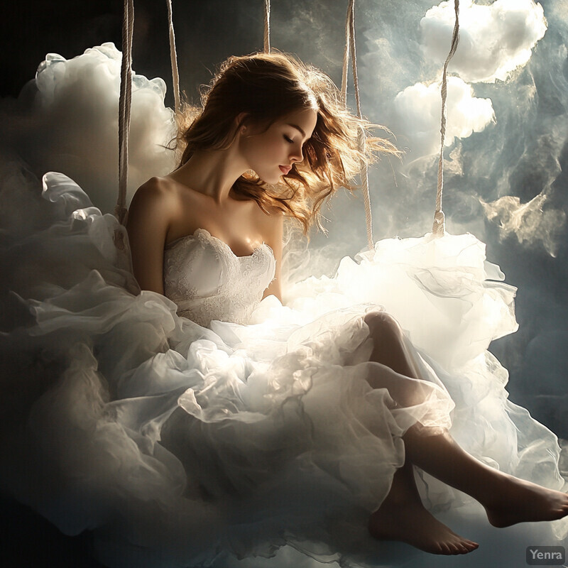 A woman sits on a swing amidst fluffy white clouds, exuding tranquility and serenity.