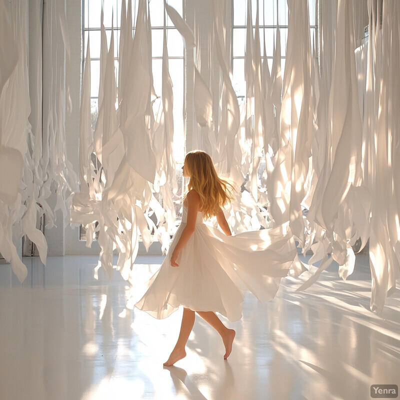 A young girl in a flowing white dress walks away from the camera, surrounded by soft lighting and muted colors.