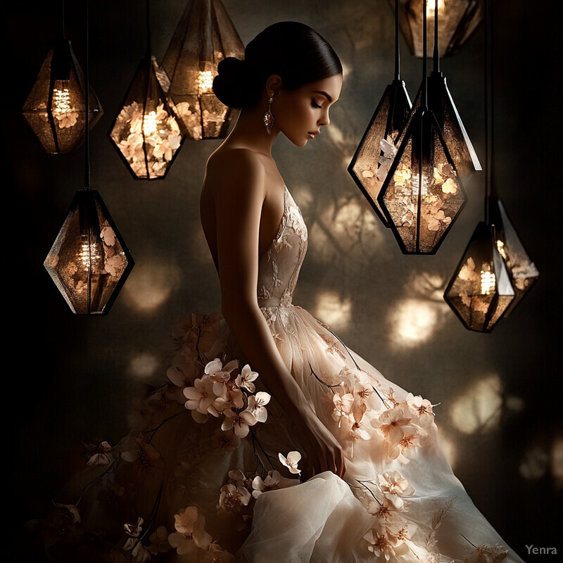 A woman standing in front of a wall with light fixtures filled with small white flowers.