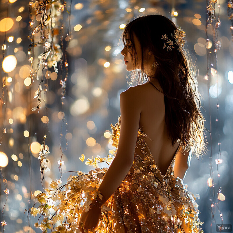 Woman in gold dress with white flowers