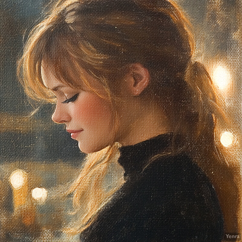 A serene portrait of a woman gazing downward, set against a softly focused background.